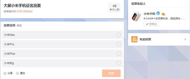 新机微博征名投票 小米史上最大屏要叫? 