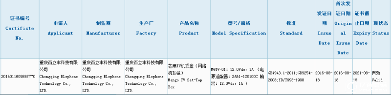 芒果TV机顶盒生产许可证