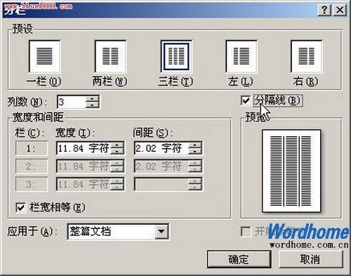 Word 2007分欄對話方塊中自定義分欄