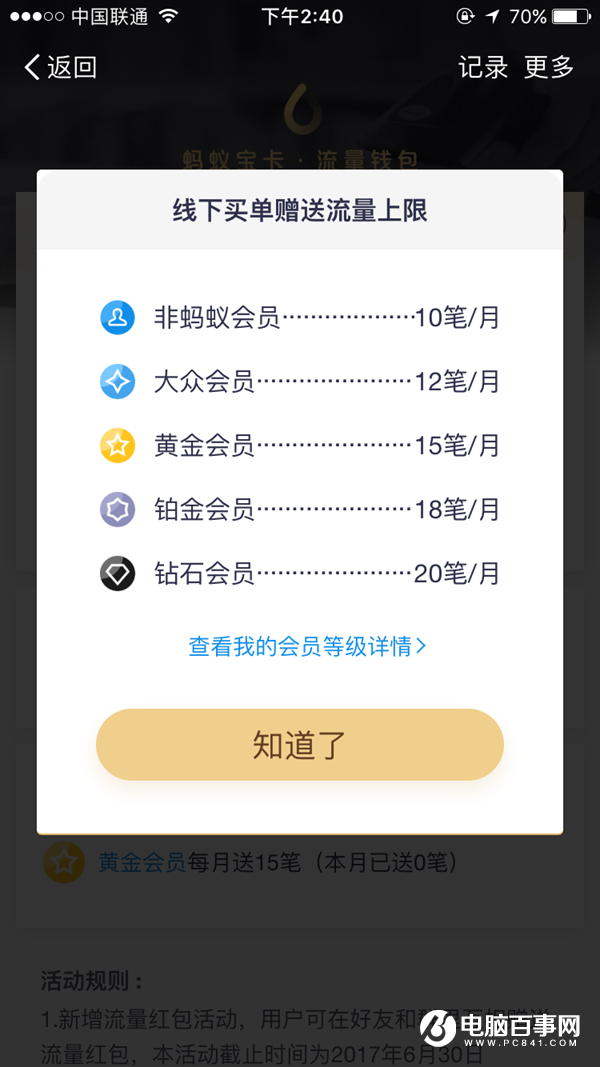 蚂蚁宝卡线下送流量新变：钻石会员每月400M