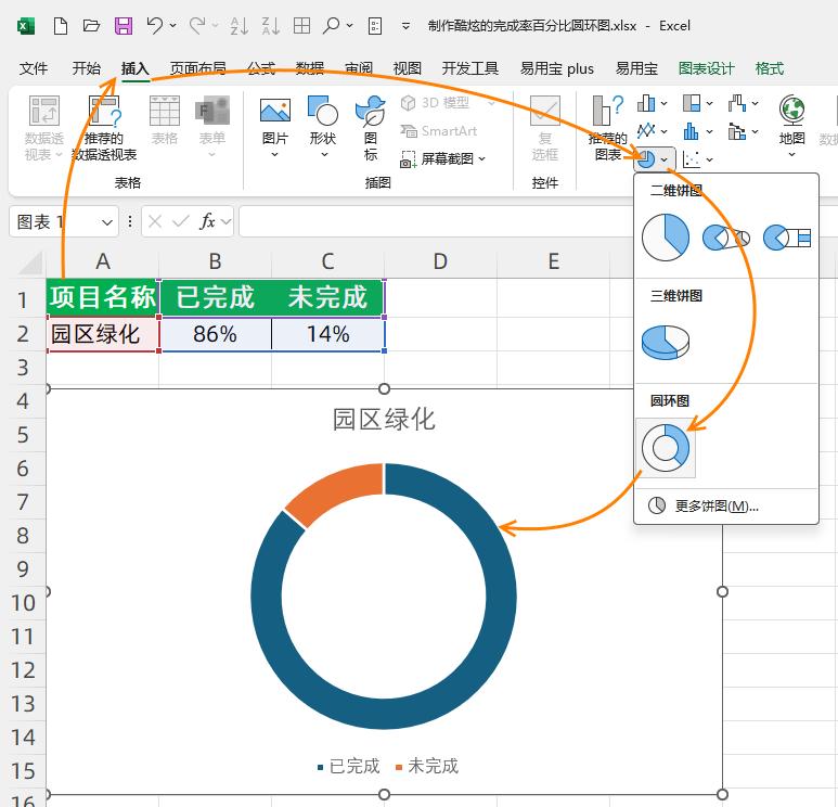 Excel表格制作酷炫的完成率百分比圆环图的方法